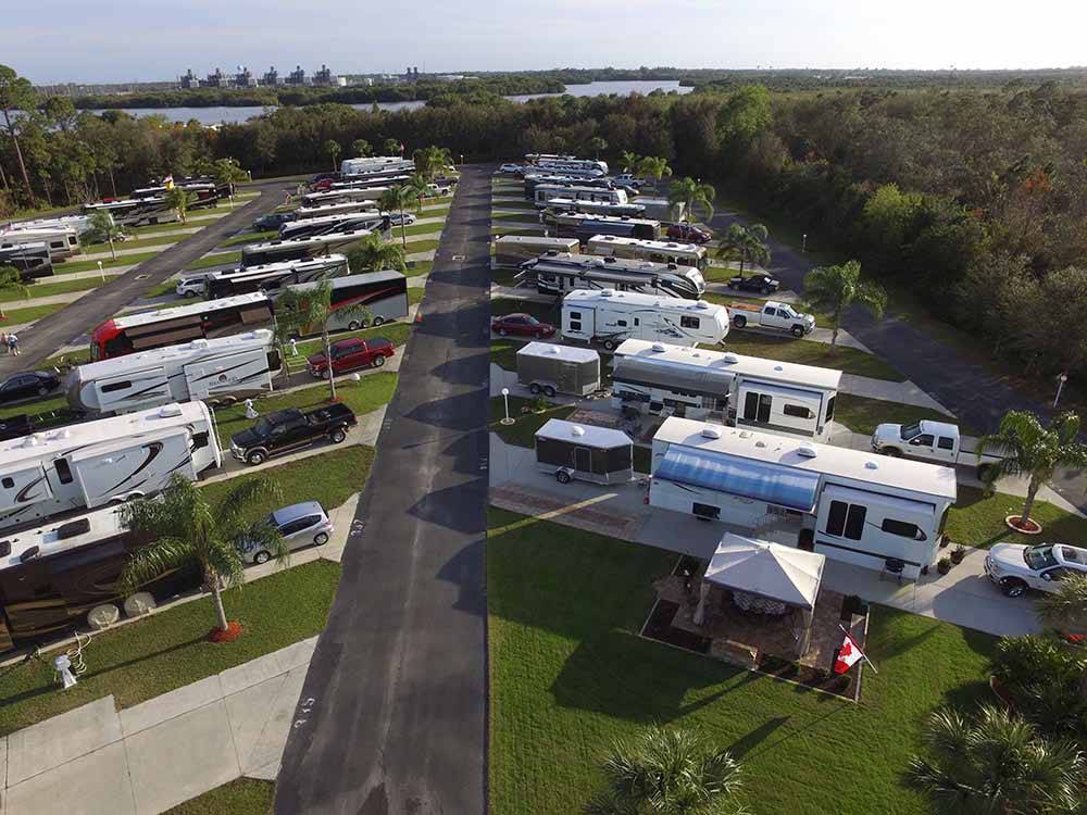 Aerial view of trailers and cars parked at RV sites at UPRIVER RV RESORT