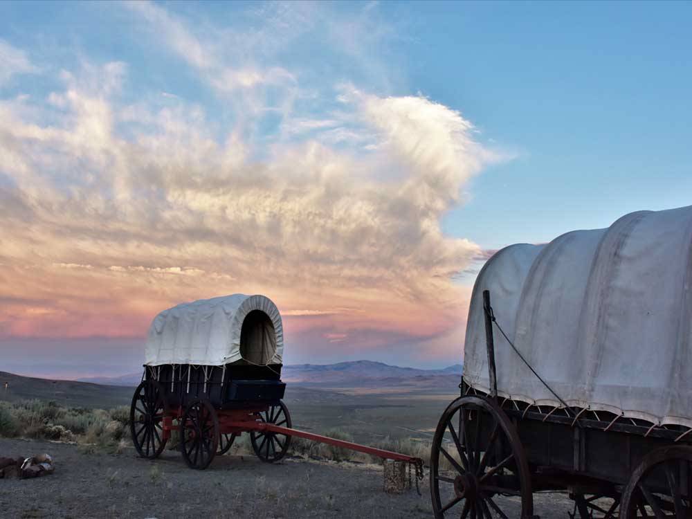Covered wagons at sunset at MT VIEW RV ON THE OREGON TRAIL