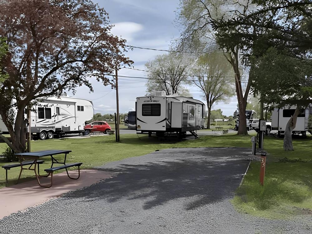 RV at site under shade trees