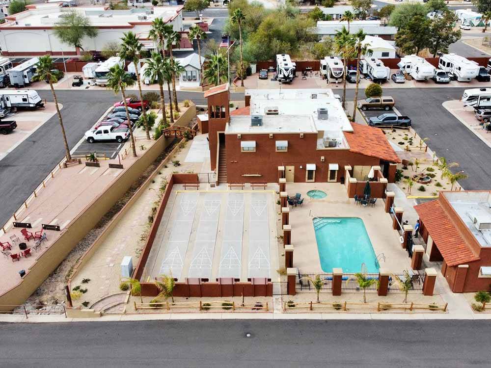 An aerial view of the pool and shuffleboard courts at MESA SUNSET RV RESORT