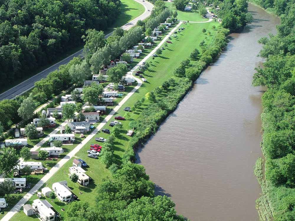 An aerial view of the campsites by the water at EAGLE CLIFF CAMPGROUND & LODGING