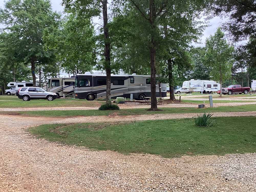 A row of motorhomes parked in RV sites at LAKESIDE RV PARK