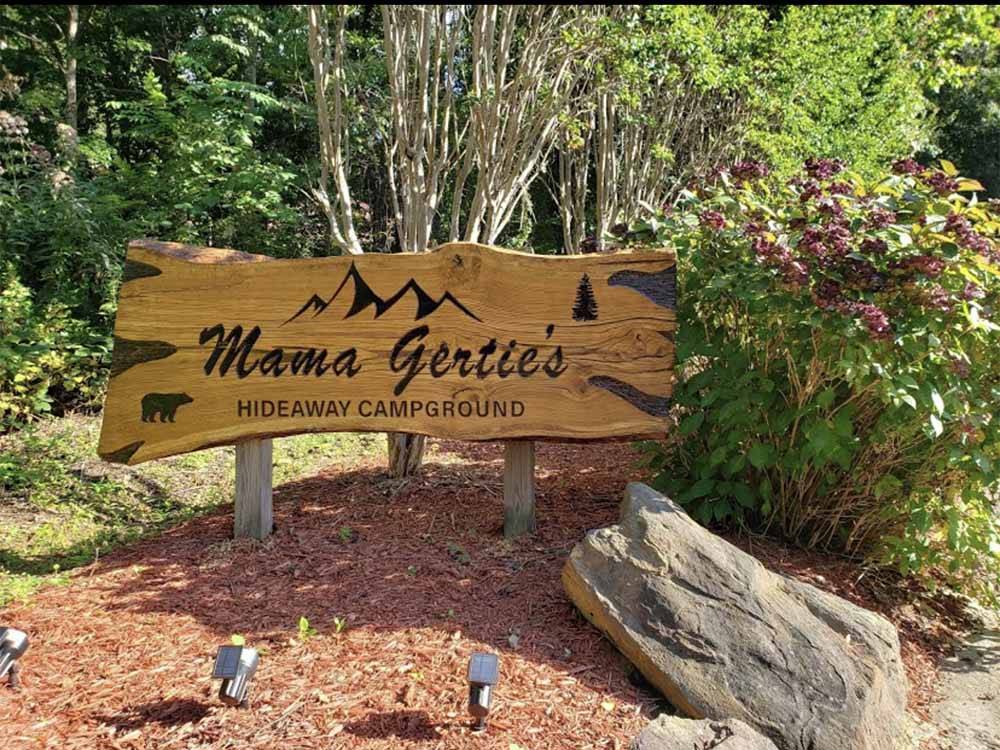 The front entrance sign at MAMA GERTIE'S HIDEAWAY CAMPGROUND