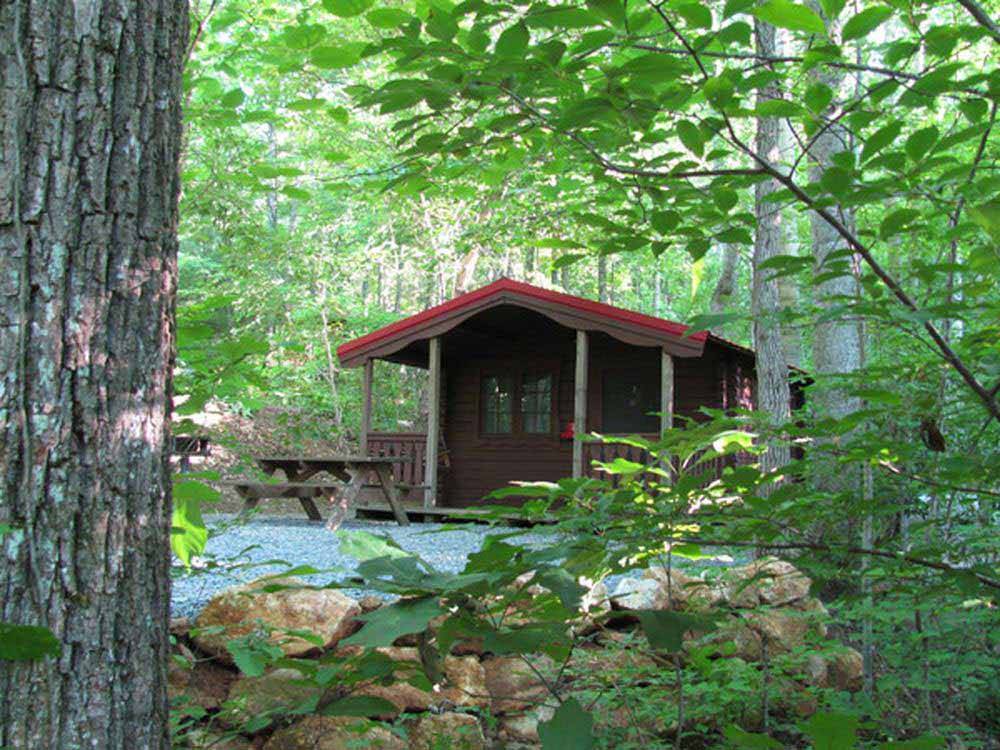 One of the rustic rental cabins at MAMA GERTIE'S HIDEAWAY CAMPGROUND