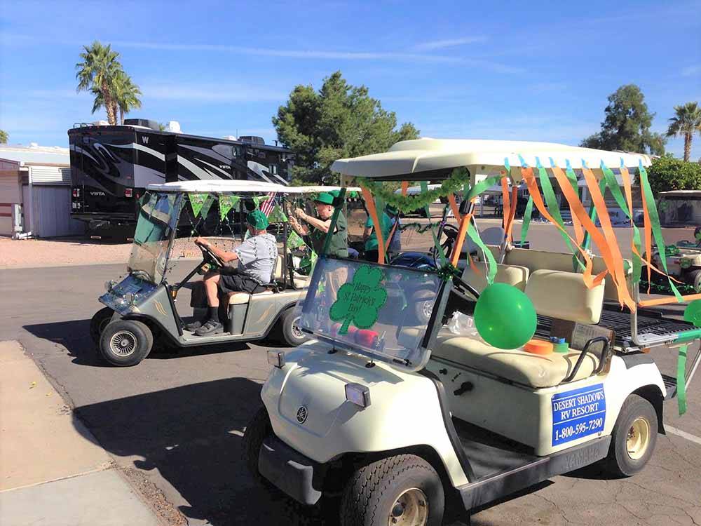Golf carts decorated for St. Patrick's Day at DESERT SHADOWS RV RESORT