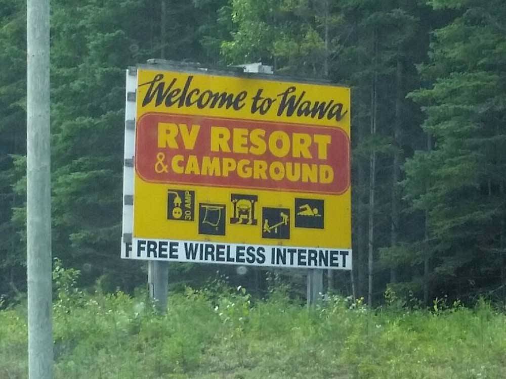 Large sign showing Wawa RV Resort & Campground at WAWA RV RESORT & CAMPGROUND