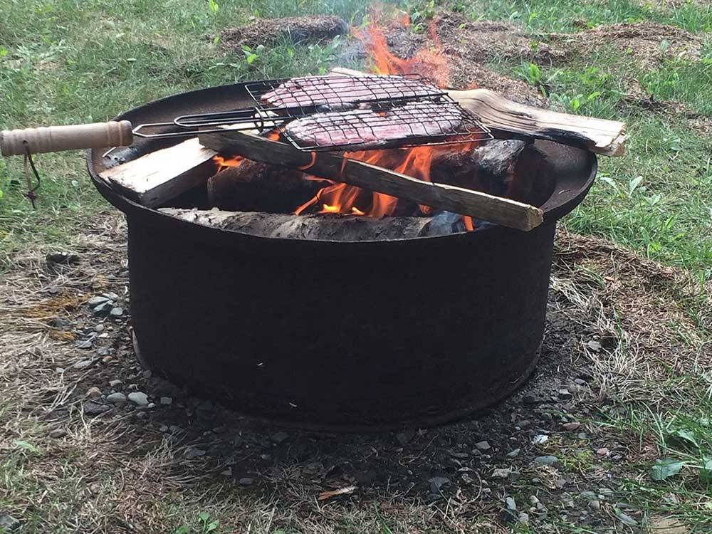 Fire pit with steaks on the grill at WAWA RV RESORT & CAMPGROUND