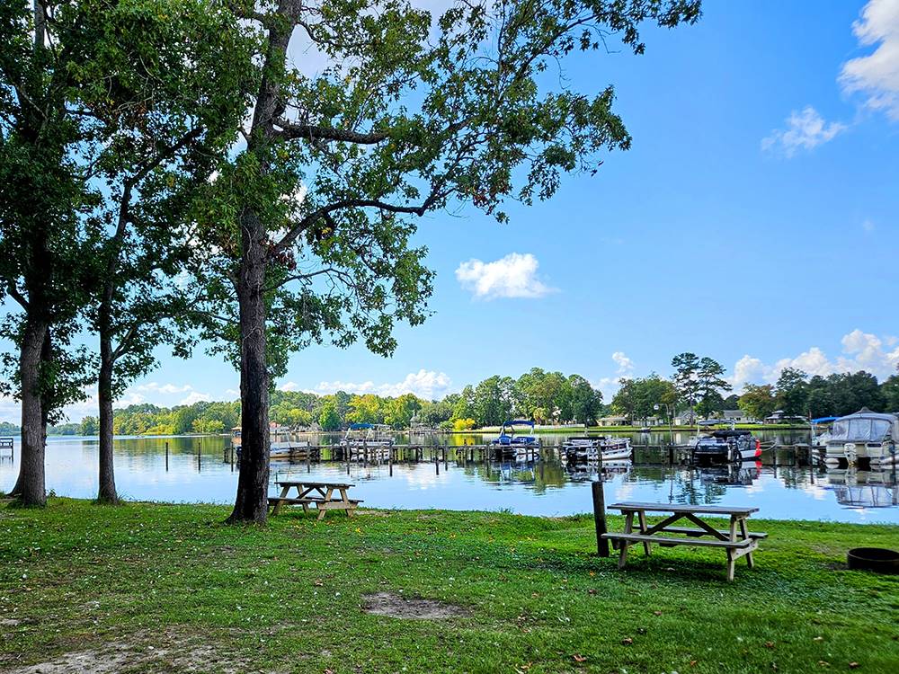 Picnic tables along the shore at Taw Caw Campground & Marina