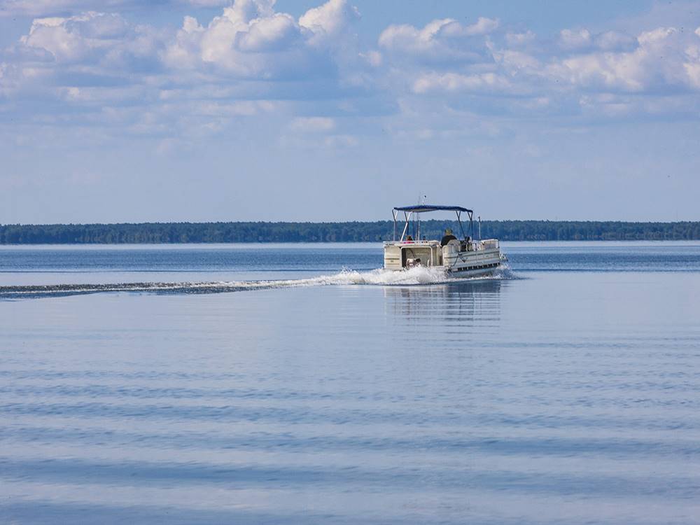 A boat cruises in the water at Taw Caw Campground & Marina