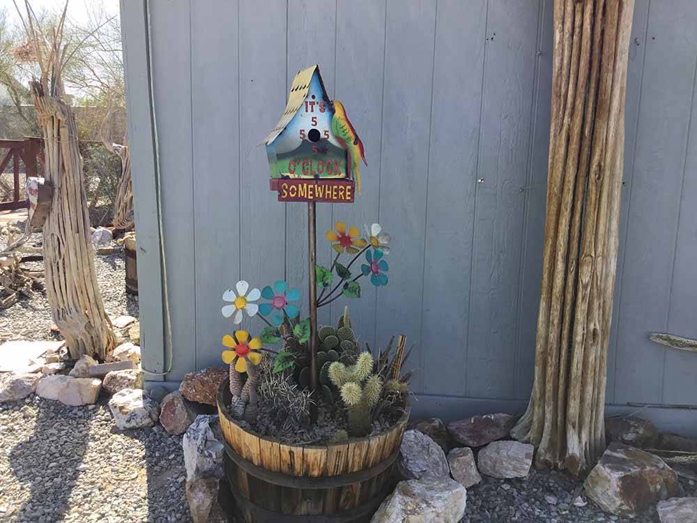 A potted cactus with a birdhouse at THE SCENIC ROAD RV PARK