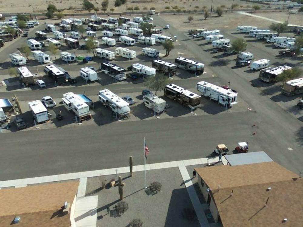 Aerial view over motorhomes and travel trailers at QUAIL RUN RV PARK