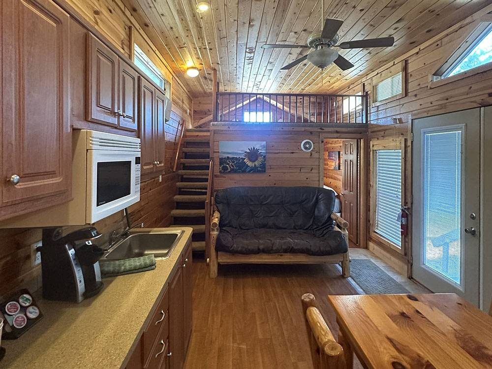 The kitchen and living room in a rental