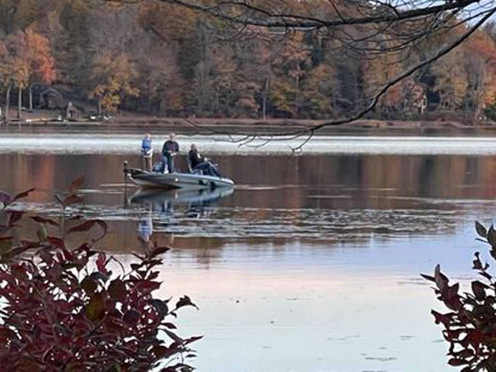 A group of people fishing from a boat at CLAYTON PARK RV ESCAPE