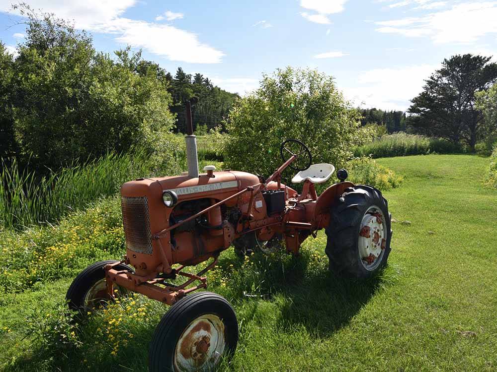 An old tractor in the grass at THE WILLOWS RV PARK & CAMPGROUND