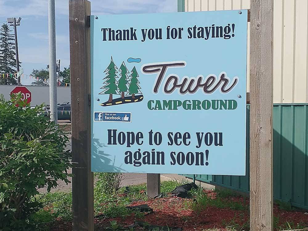 Exit sign thanking guests for staying at TOWER CAMPGROUND
