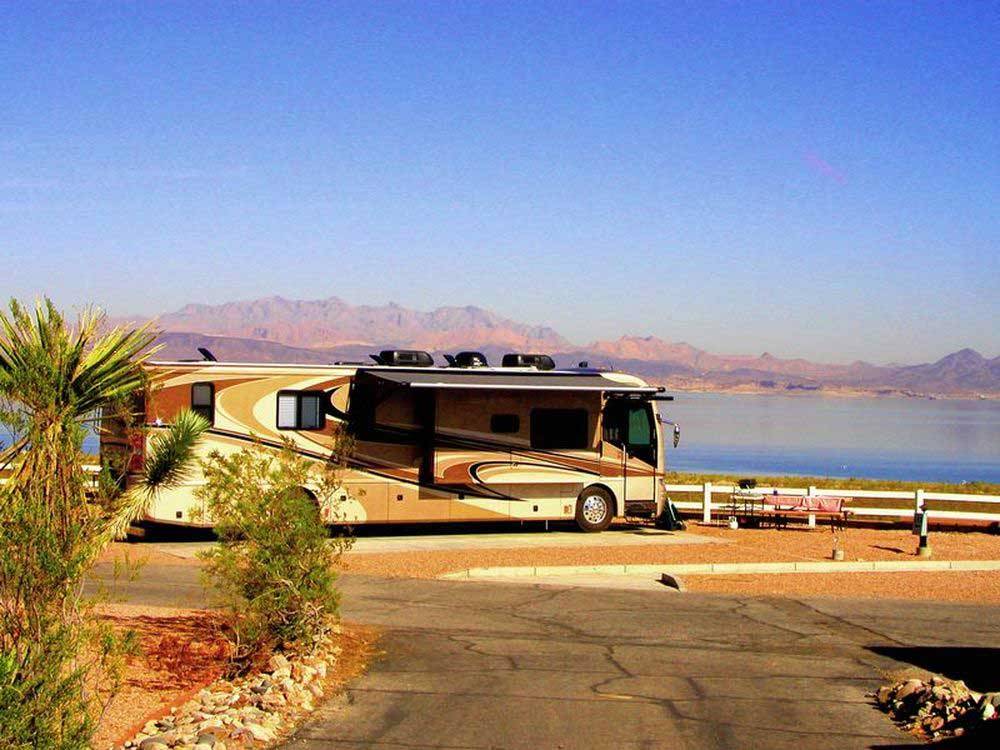RV camping with lake view at LAKE MEAD RV VILLAGE AT BOULDER BEACH