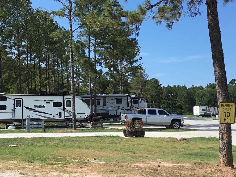 A row of RV sites with trees at BLUE SKY LAKE LIVINGSTON RV PARK & CABINS