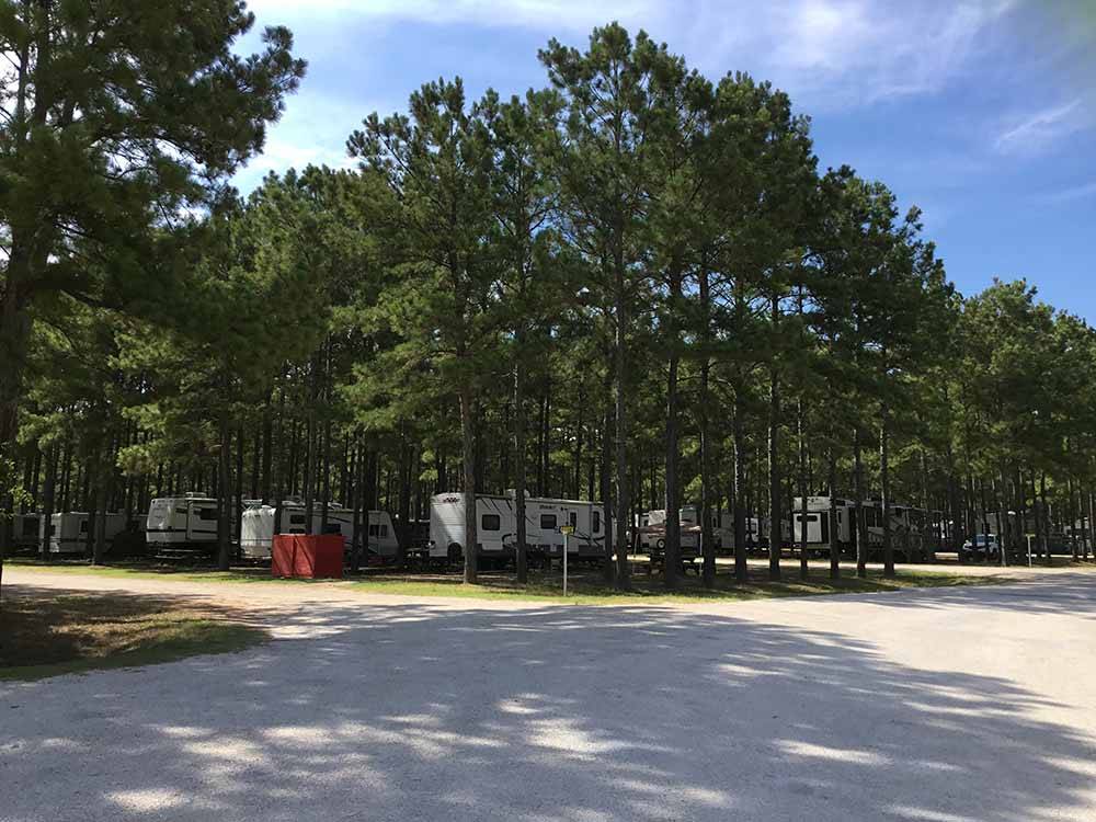 RV sites in between trees at BLUE SKY LAKE LIVINGSTON RV PARK & CABINS