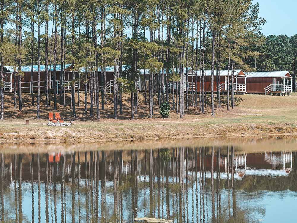 A group of trees by the lake at BLUE SKY LAKE LIVINGSTON RV PARK & CABINS