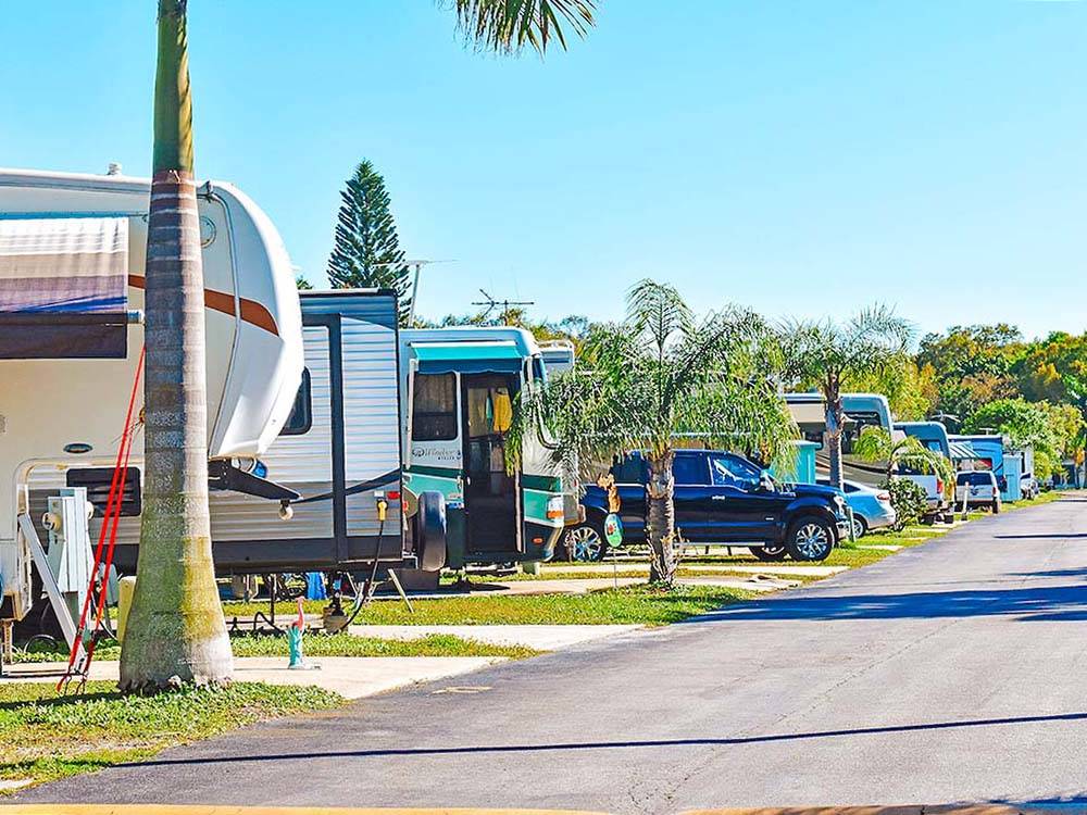 A variety of RVs parked at sites