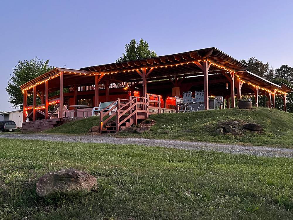 The front of the pavilion lit up at PLUM NELLY RV PARK