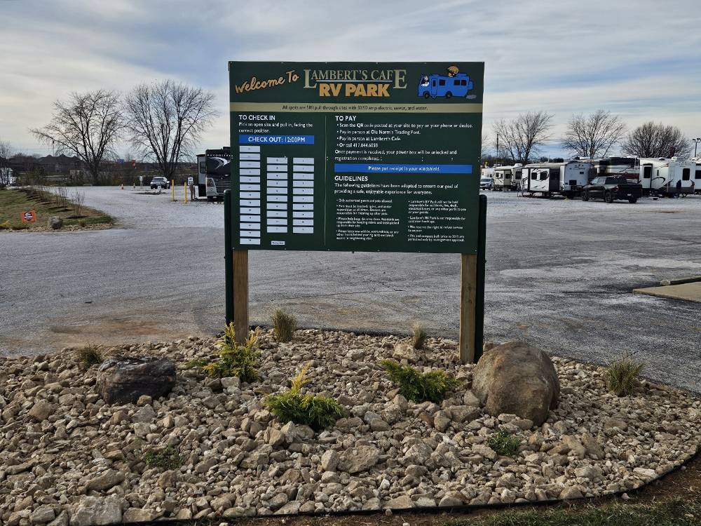 The RV park welcome sign