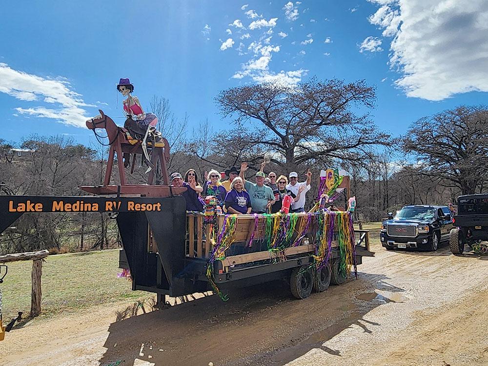 Mardi Gras wagon ride at LAKE MEDINA RV RESORT