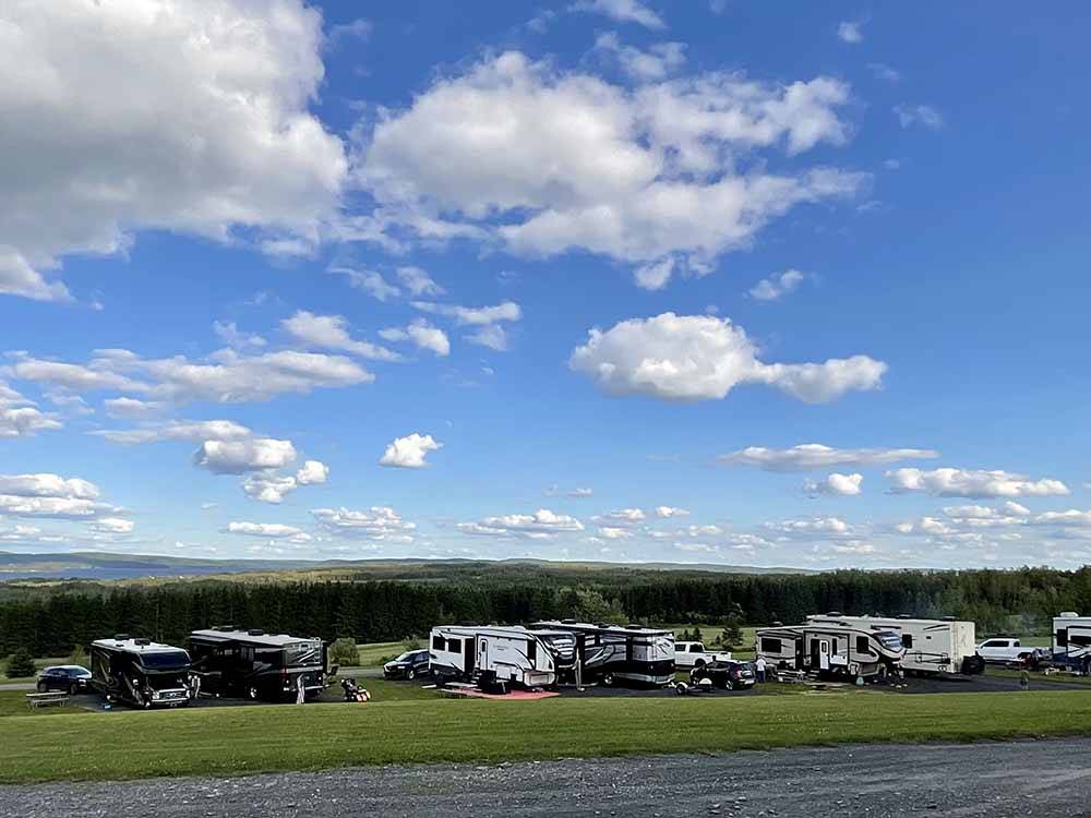 A row of RV sites under a blue sky at LAKEVIEW CAMPING RESORT