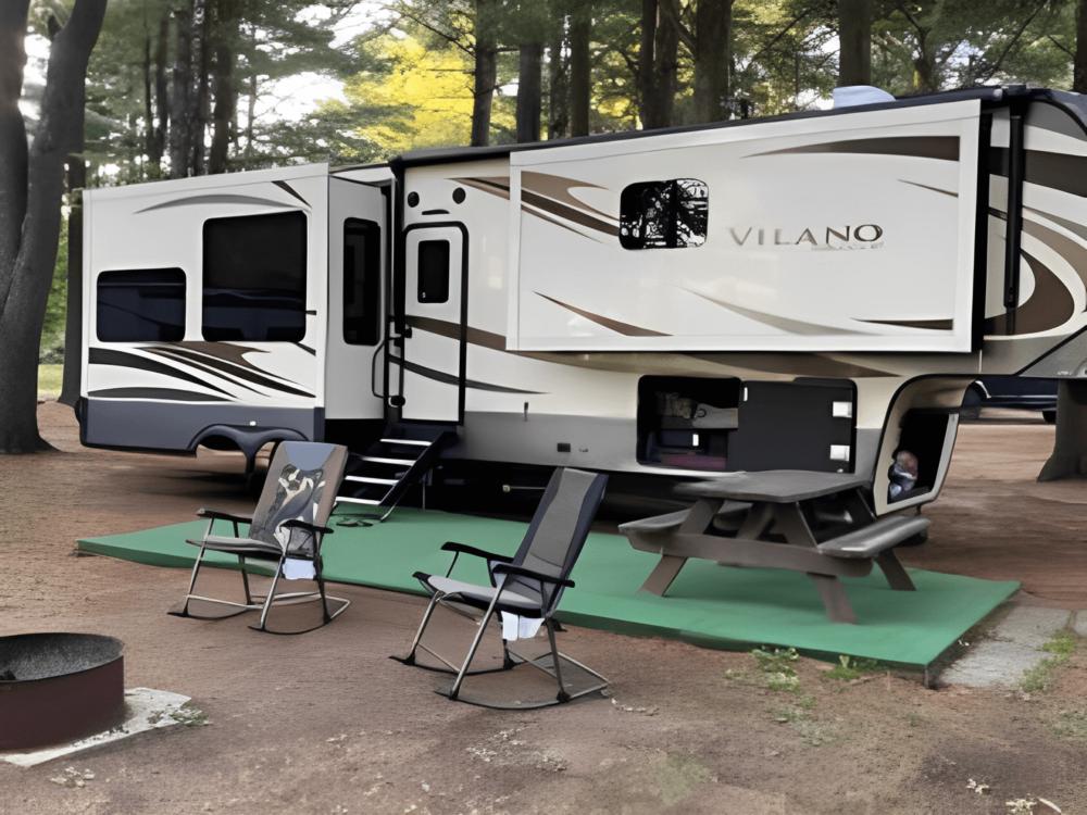 Parked trailer at site Ausable Chasm Campground