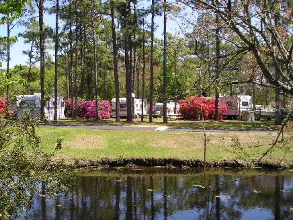 View of RVs near the water at WHISPERING PINES CAMPGROUND