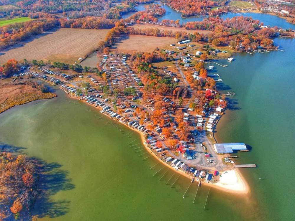 An aerial view of the campsites on the water at MONROE BAY CAMPGROUND