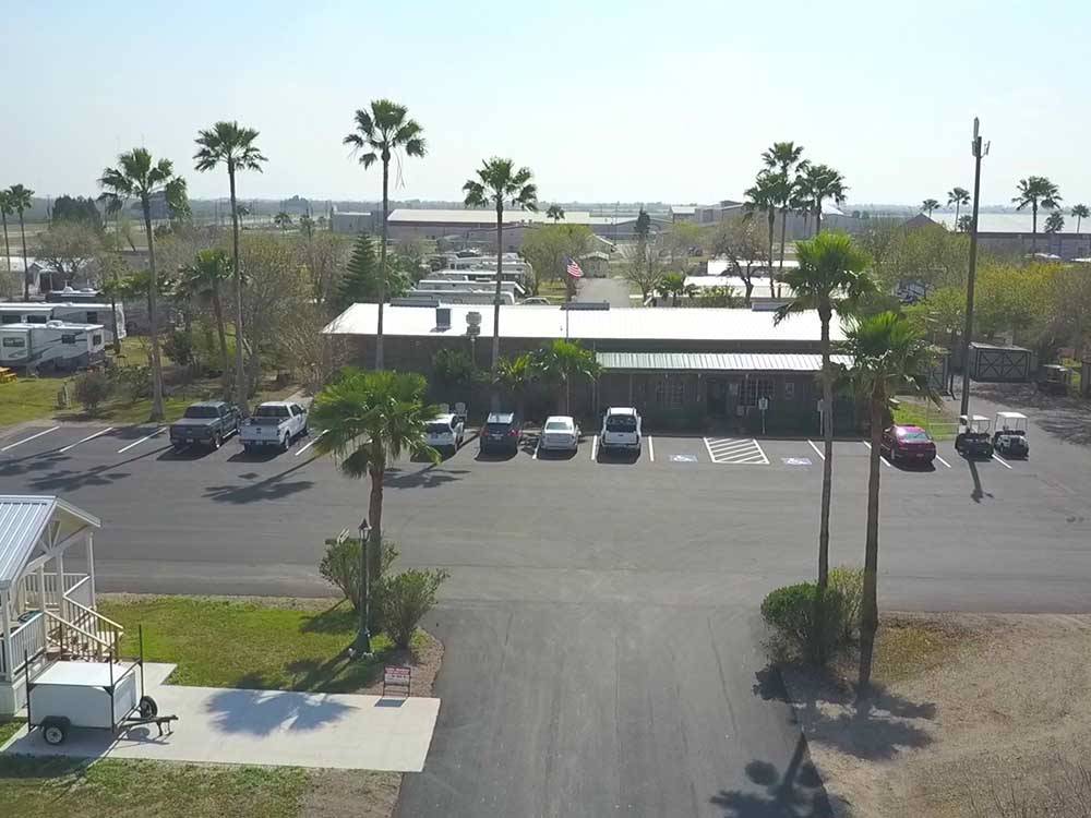 An aerial view of the main building at PALMDALE RV RESORT