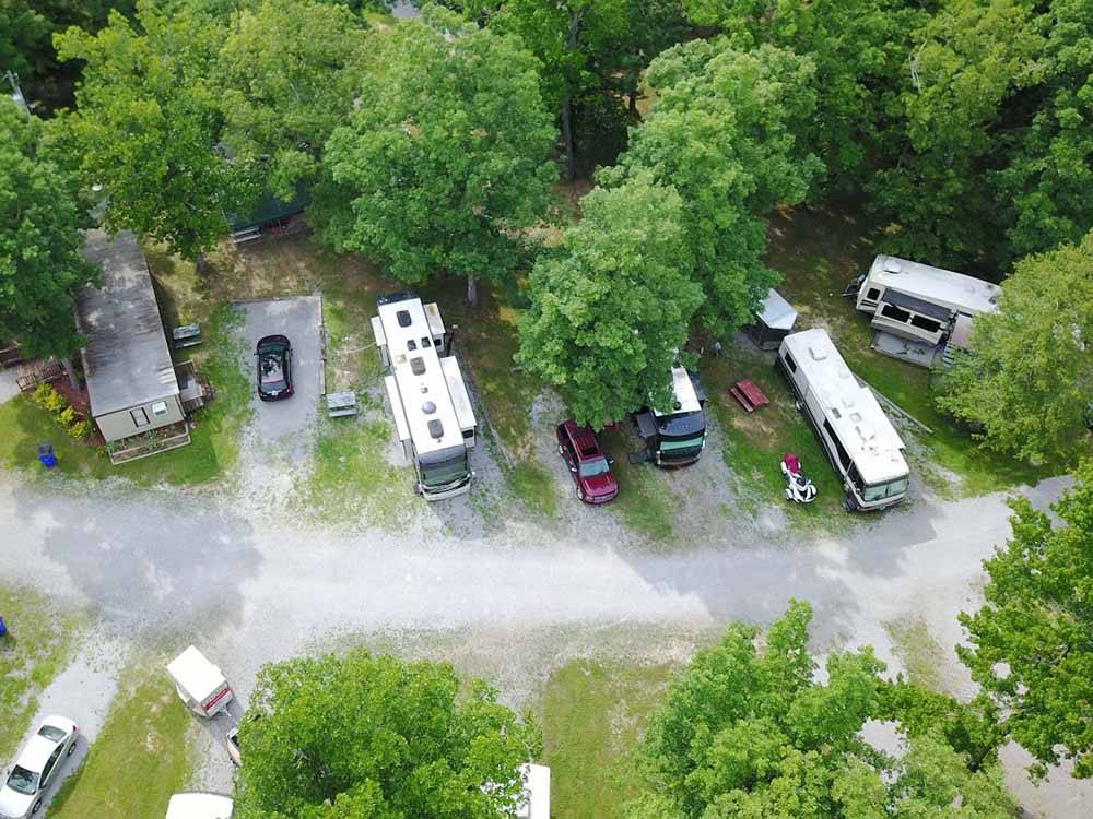 An aerial view of the back in RV sites at BRECKENRIDGE LAKE RESORT