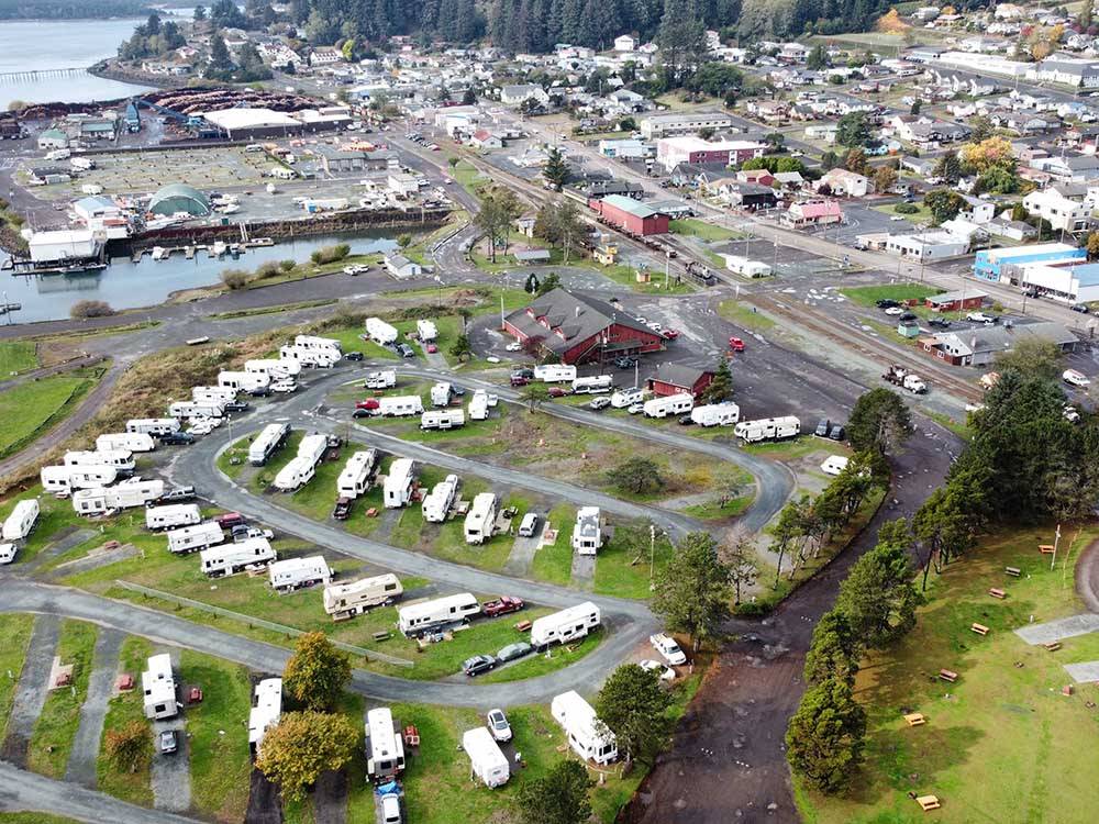 An aerial view of RVs parked at OLD MILL RV RESORT