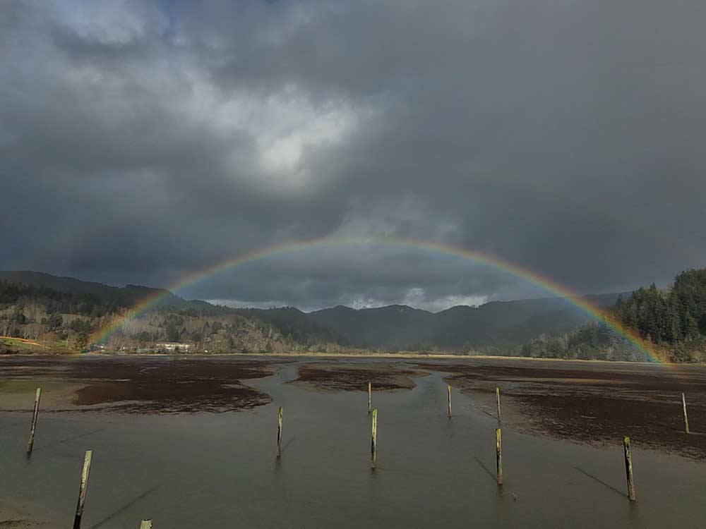A large rainbow over the beach at OLD MILL RV RESORT