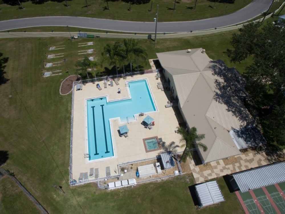 An aerial view of the pool and clubhouse at FOREST LAKE VILLAGE RV RESORT