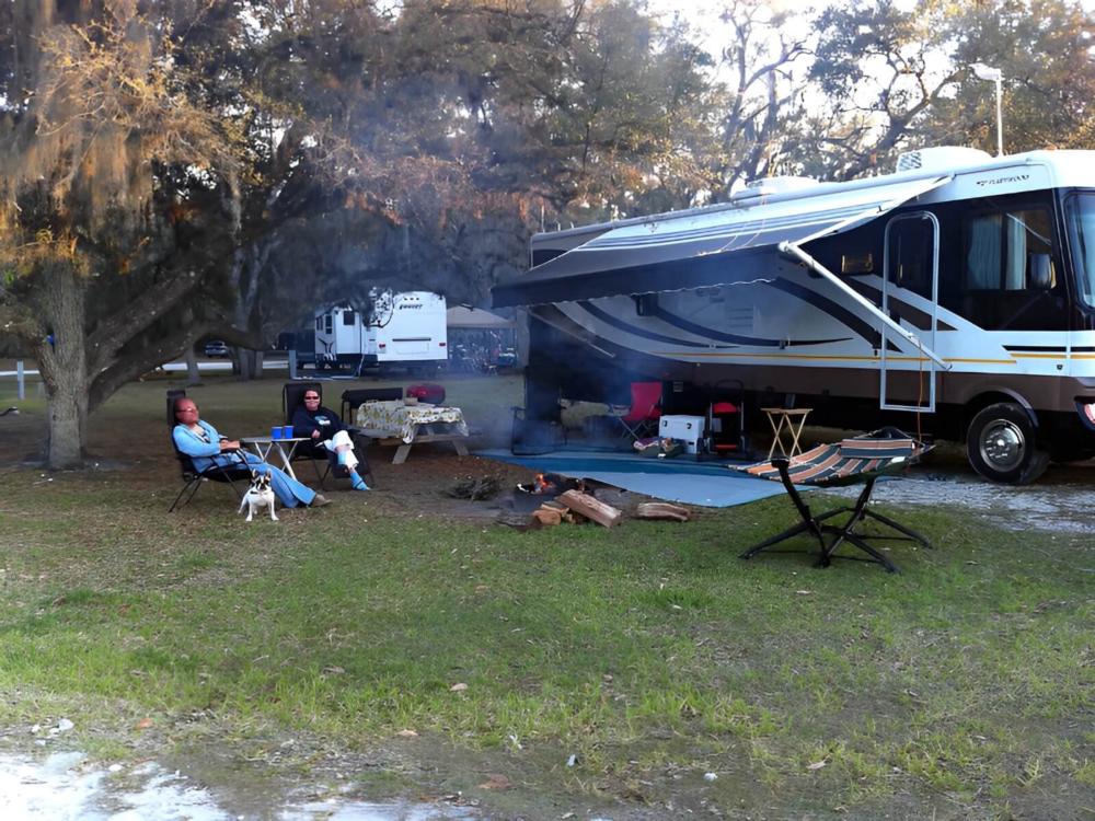 People relaxing with their dog by a firepit