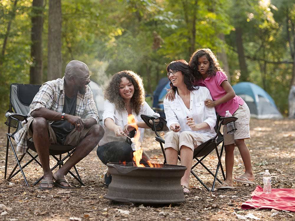 A family sitting around a fire pit roasting marshmallows at DESTINATION GETTYSBURG