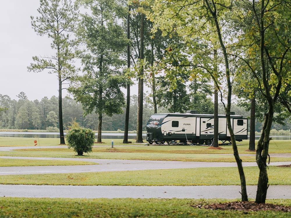 Travel trailer parked at a site at Myrtle Beach Campgrounds