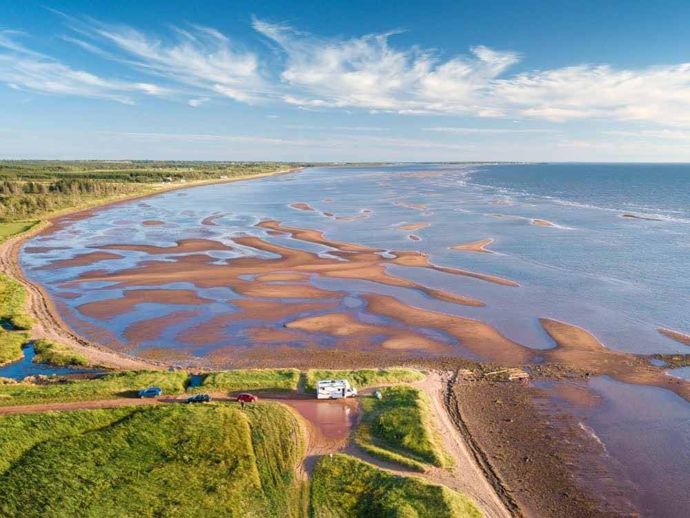 Beautiful aerial view of shoreline with RV at PEI PROVINCIAL PARKS
