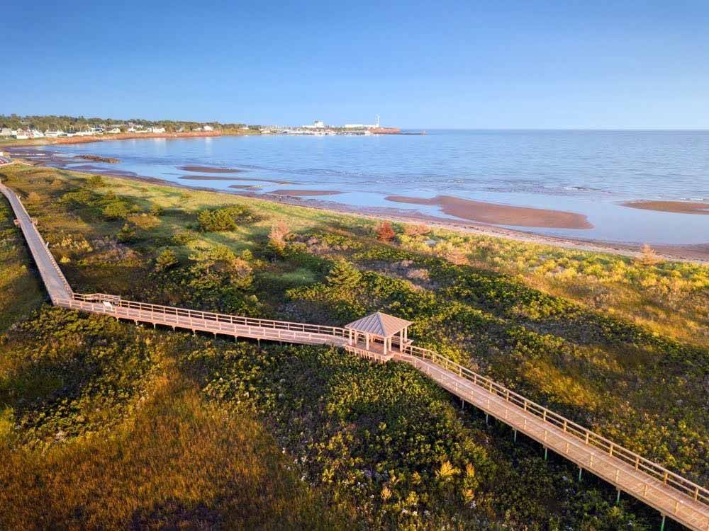 Aerial view of boardwalk along shore at PEI PROVINCIAL PARKS