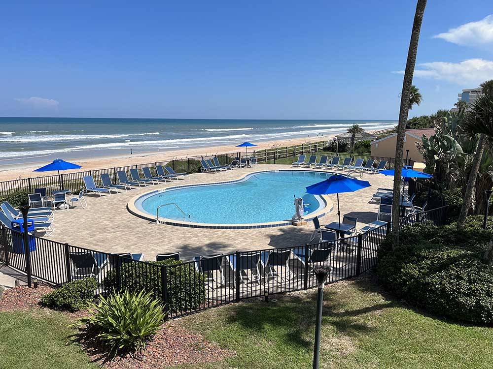 An aerial view of the pool and beach at CORAL SANDS OCEANFRONT RV RESORT
