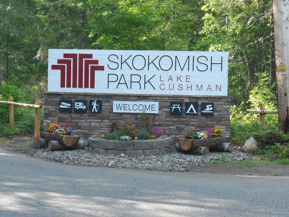 Welcome sign outside main entrance at SKOKOMISH PARK AT LAKE CUSHMAN