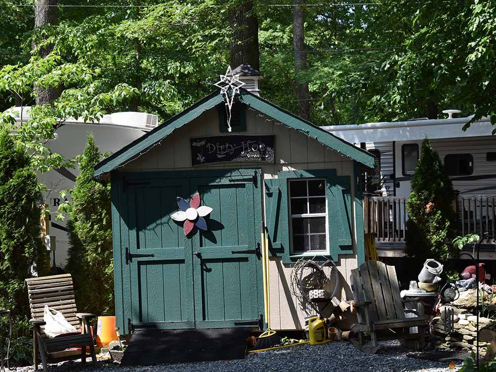 The quaint gardening shed at OMA'S FAMILY CAMPGROUND