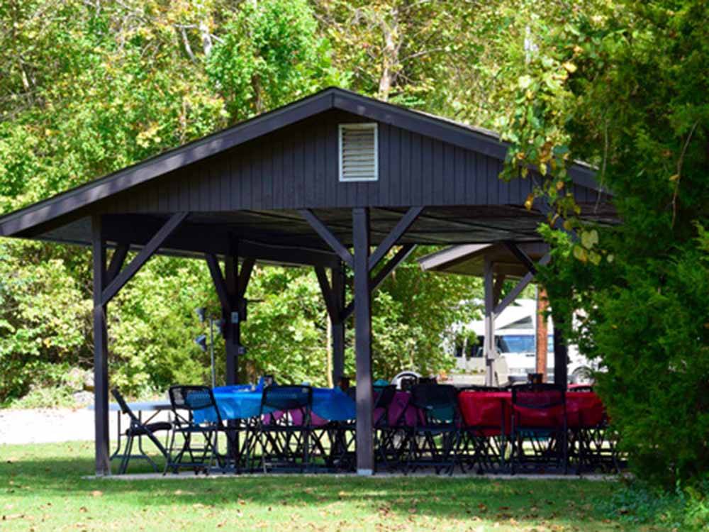 Tables and chairs under the pavilion at BLOWING SPRINGS RV PARK