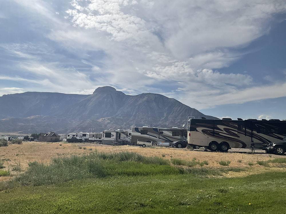 A row of Class A motorhomes