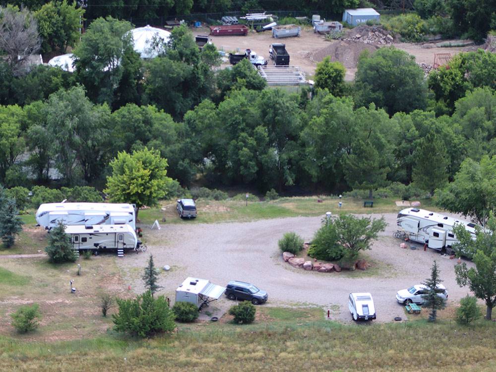 RVs in campsites arrayed around circular road at GATEWAY RV PARK