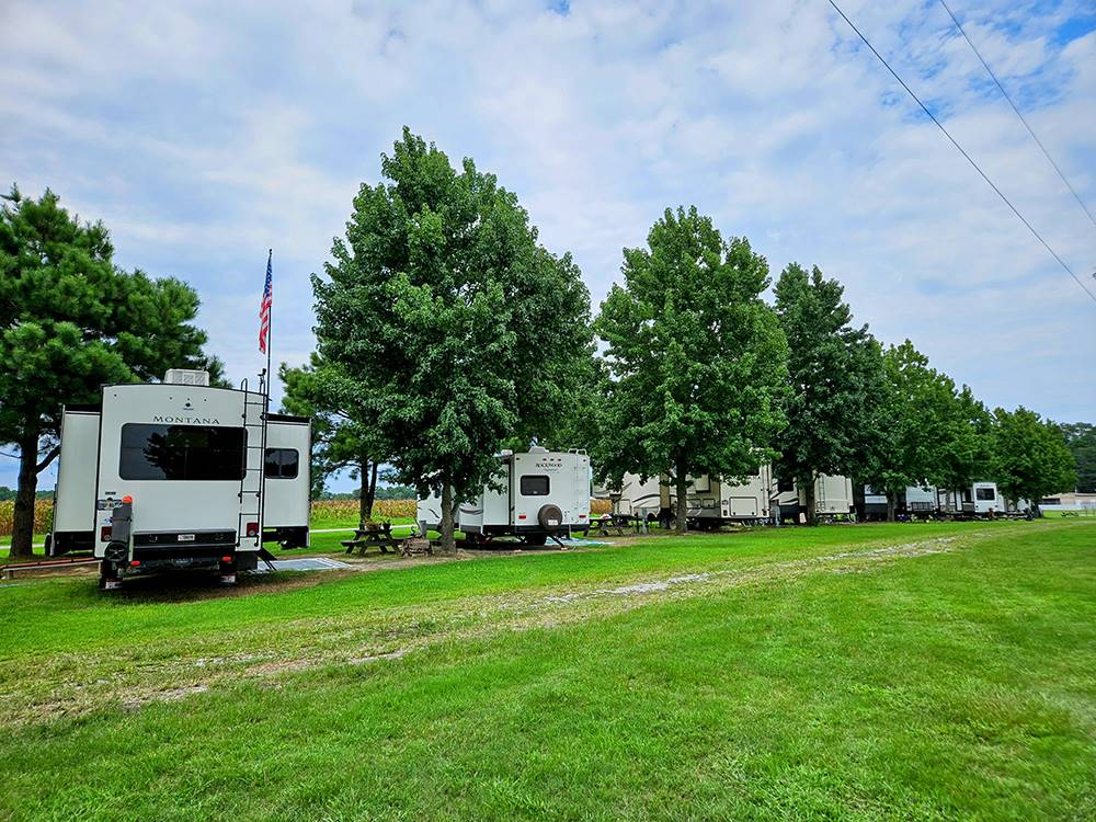 Row of travel trailers at Farm Country Campground