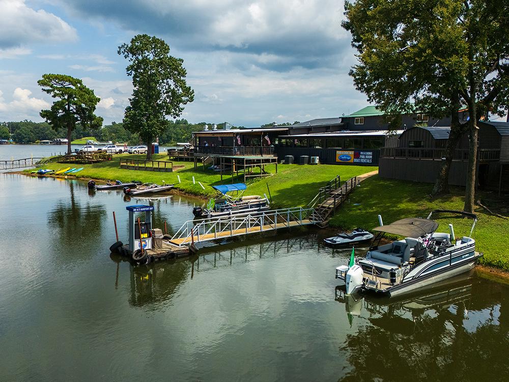 A sky view of the property and marina
