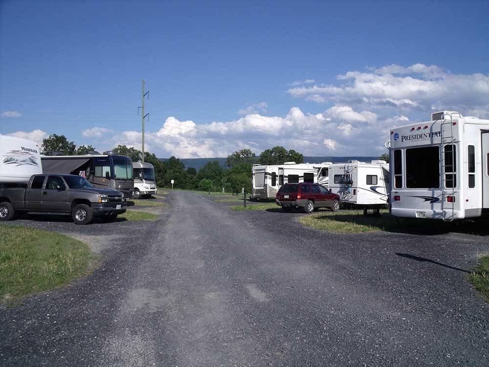 The gravel road in front of the RV sites at SHENANDOAH VALLEY CAMPGROUNDS